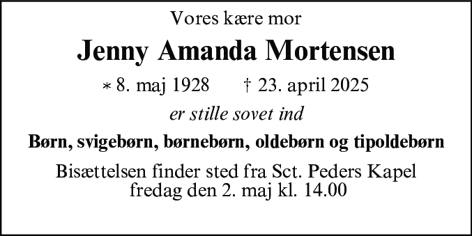 Dødsannonce for Jenny Amanda Mortensen