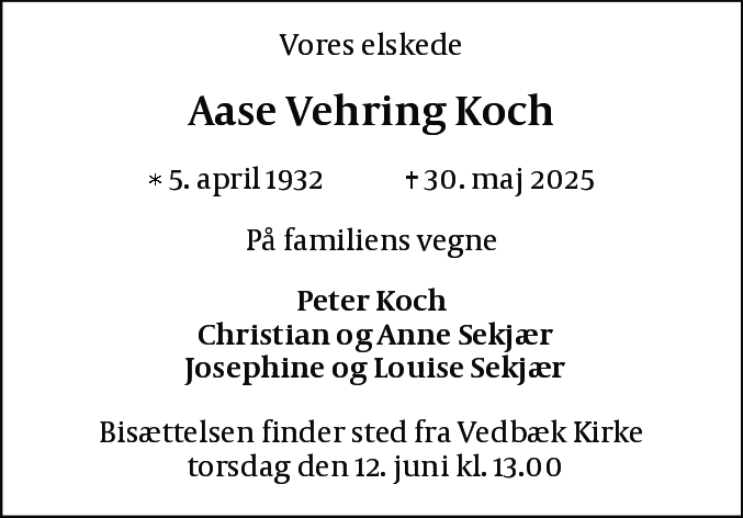 Dødsannonce for Aase Vehring Koch