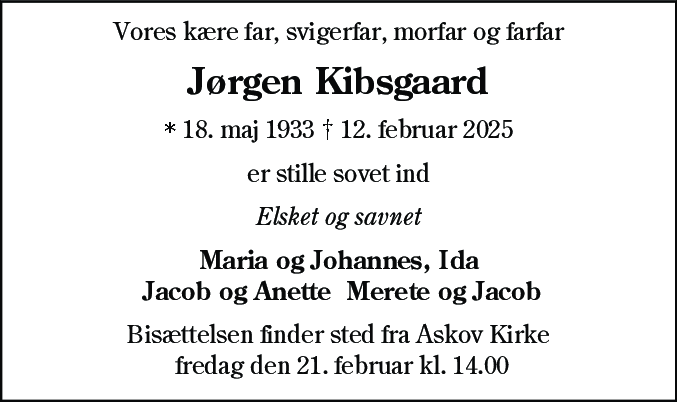 Dødsannonce for Jørgen Kibsgaard