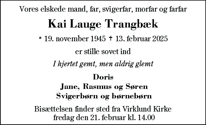 Dødsannonce for Kai Lauge Trangbæk