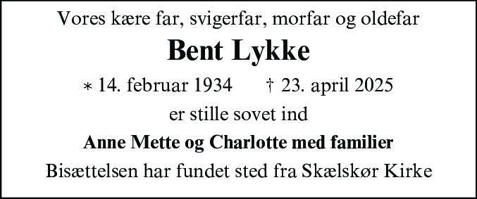 Dødsannonce for Bent Lykke Hansen