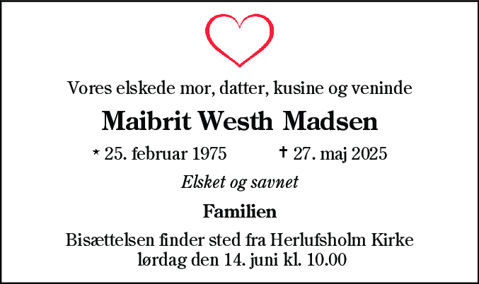 Dødsannonce for Maibrit Westh Madsen