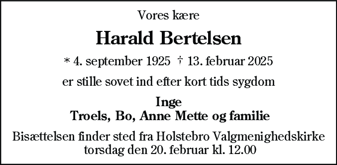 Dødsannonce for Harald Bertelsen