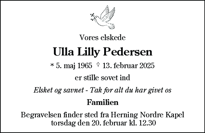 Dødsannonce for Ulla Lilly Pedersen