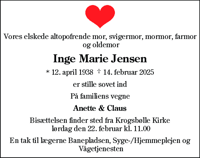 Dødsannonce for Inge Marie Jensen