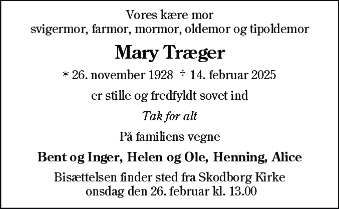 Dødsannonce for Mary Jørgine Træger
