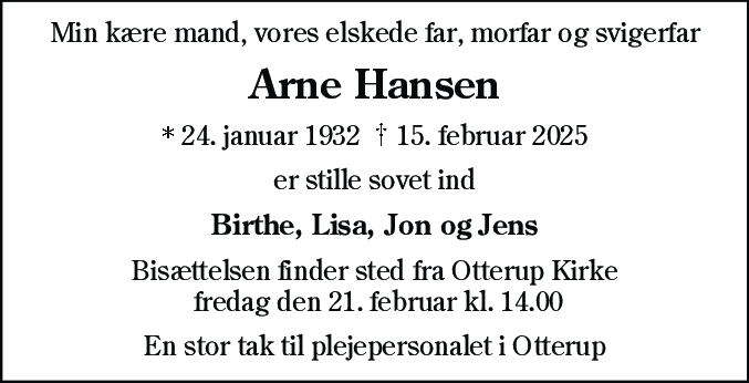 Dødsannonce for Arne Hansen