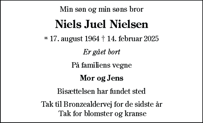 Dødsannonce for Niels Juel Nielsen