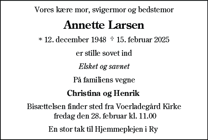 Dødsannonce for Annette Larsen