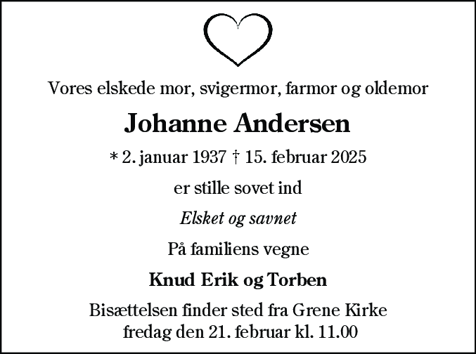 Dødsannonce for Johanne Andersen