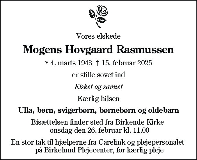 Dødsannonce for Mogens Hovgaard Rasmussen