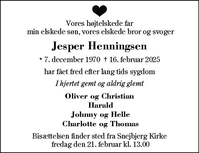 Dødsannonce for Jesper Henningsen