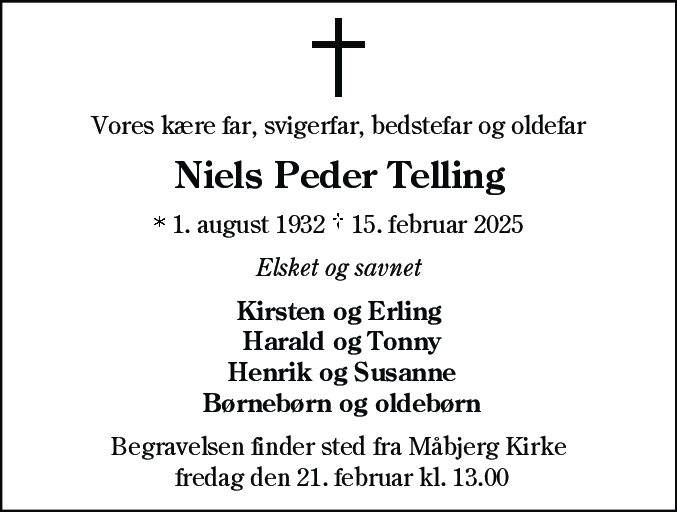 Dødsannonce for Niels Peder Telling