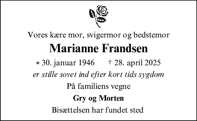 Dødsannonce for Marianne Frandsen