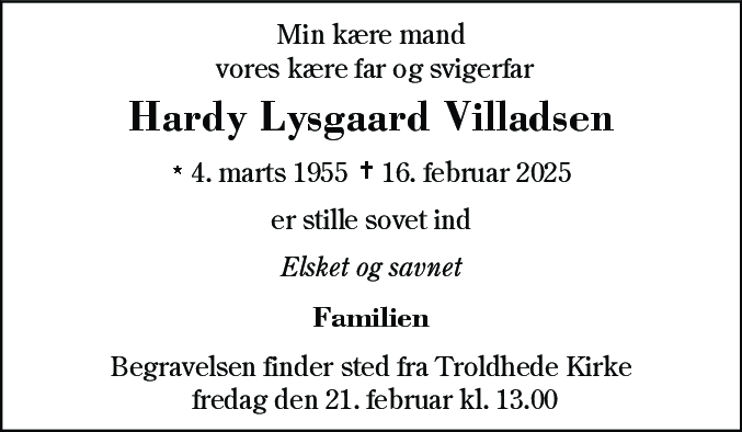 Dødsannonce for Hardy Lysgaard Villadsen