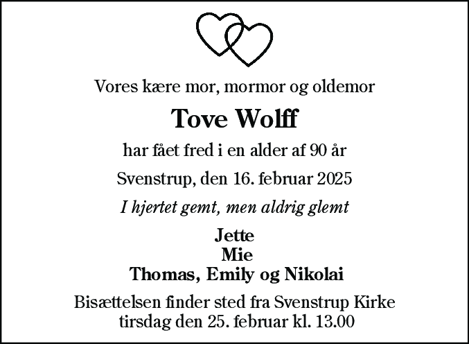 Dødsannonce for Tove Wolff