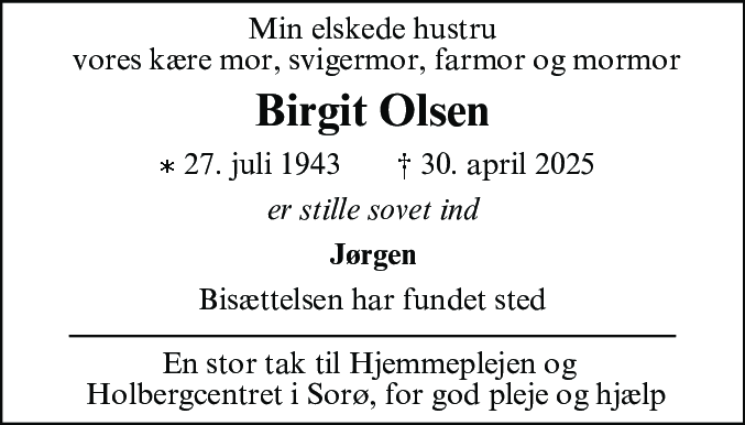 Dødsannonce for Birgit Margrethe Olsen