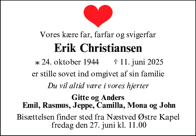 Dødsannonce for Erik Christiansen
