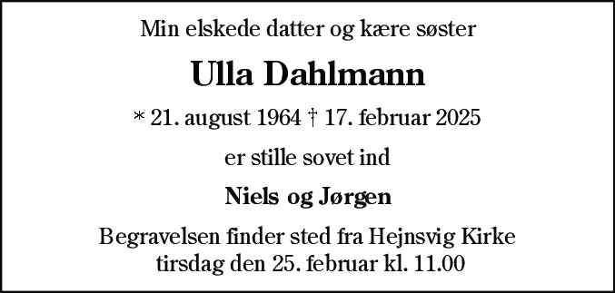 Dødsannonce for Ulla Dahlmann