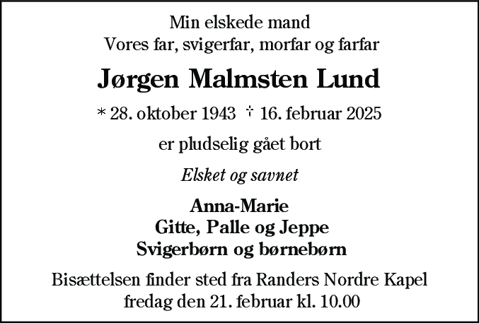 Dødsannonce for Jørgen Malmsten Lund