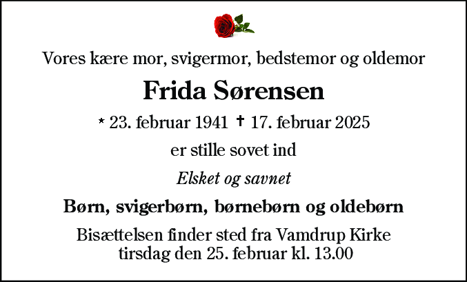 Dødsannonce for Frida Sørensen