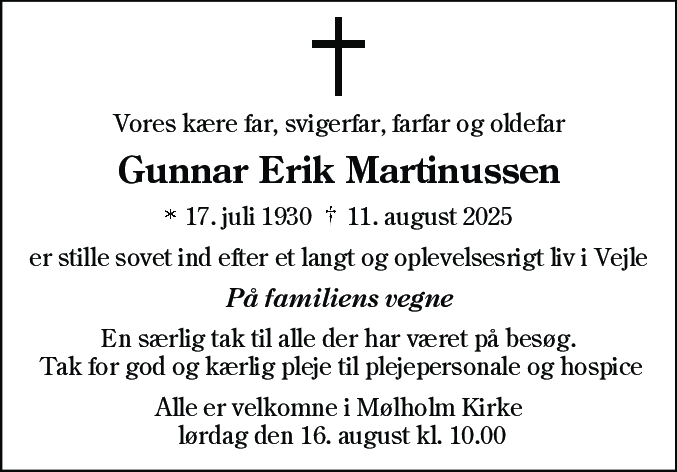 Dødsannonce for Gunnar Erik Martinussen
