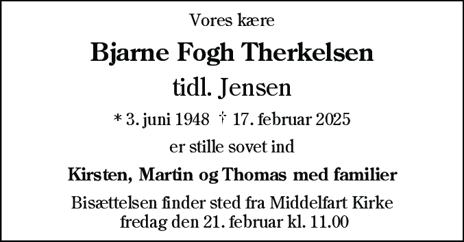 Dødsannonce for Bjarne Fogh Therkelsen
