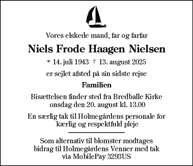 Dødsannonce for Niels Frode Haagen Nielsen