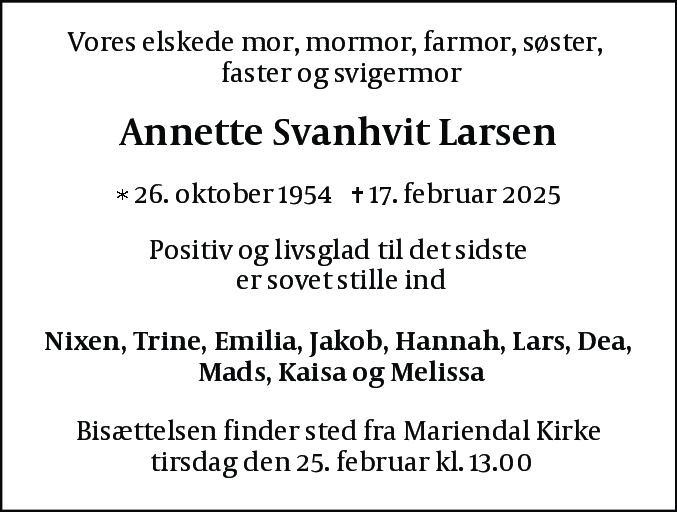 Dødsannonce for Annette Svanhvit Larsen