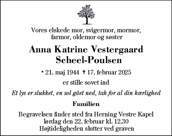 Dødsannonce for Anna Katrine Vestergaard Scheel-Poulsen