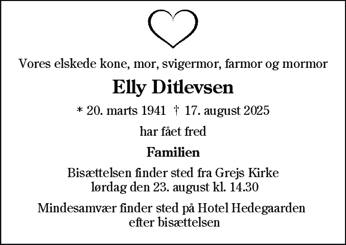 Dødsannonce for Elly Ditlevsen