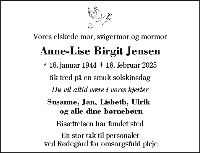 Dødsannonce for Anne Lise Birgit Jensen