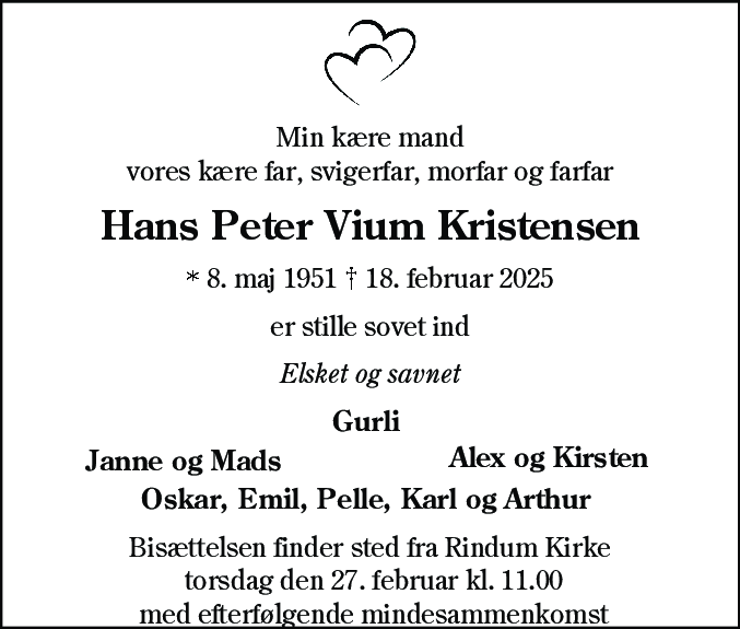 Dødsannonce for Hans Peter Vium Kristensen