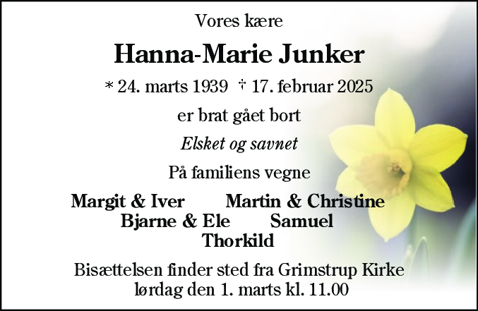 Dødsannonce for Hanna Marie Junker
