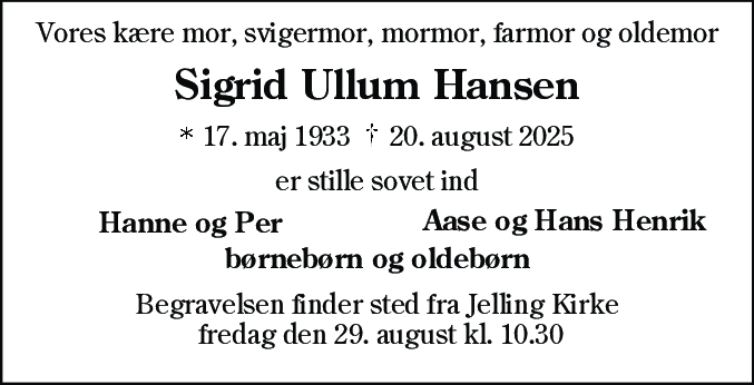 Dødsannonce for Sigrid Ullum Hansen