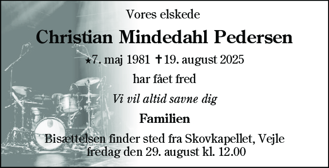 Dødsannonce for Christian Mindedahl Pedersen