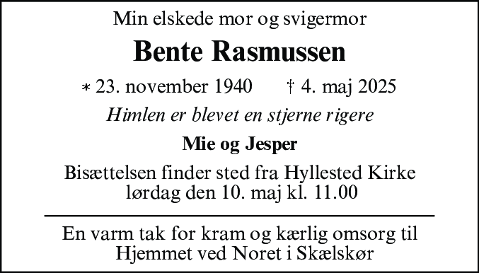 Dødsannonce for Bente Agnete Rasmussen