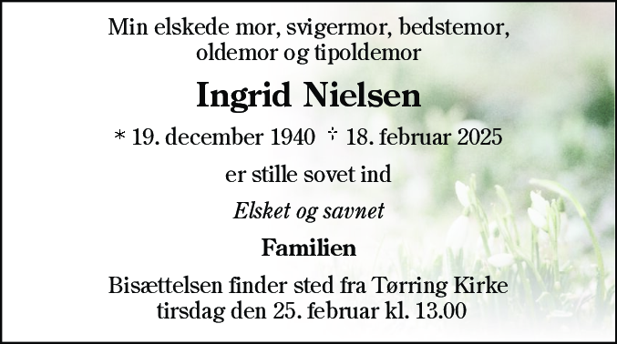 Dødsannonce for Ingrid Nielsen