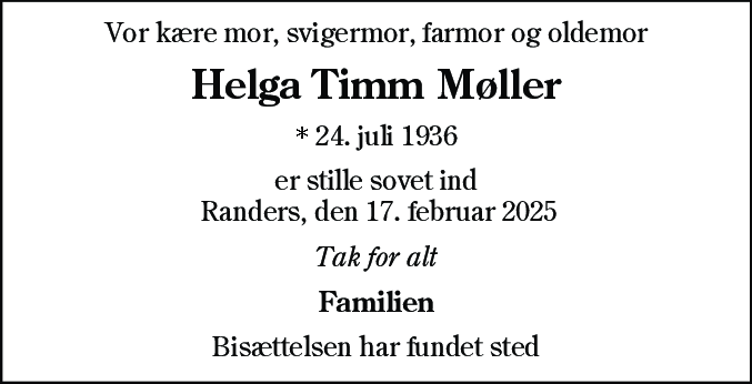 Dødsannonce for Helga Timm Møller