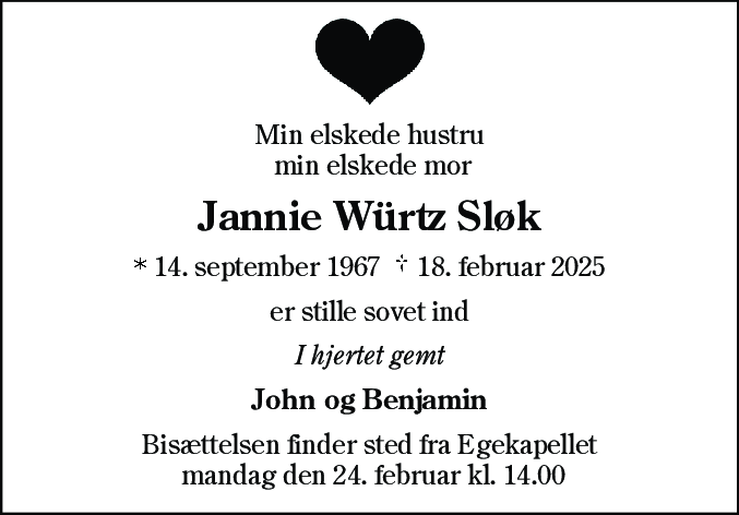 Dødsannonce for Jannie Würtz Sløk