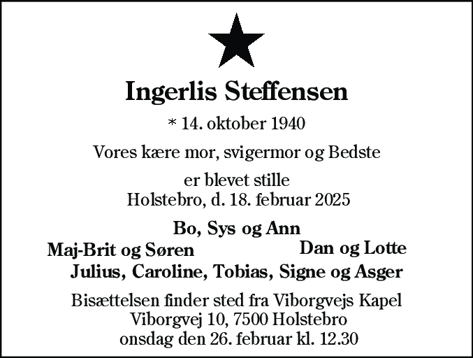 Dødsannonce for Ingerlis Steffensen