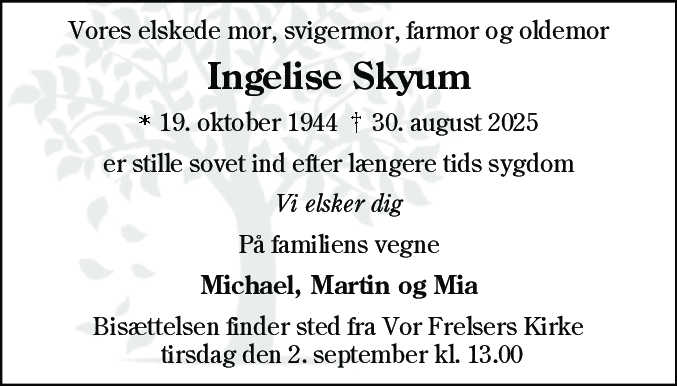 Dødsannonce for Ingelise Skyum