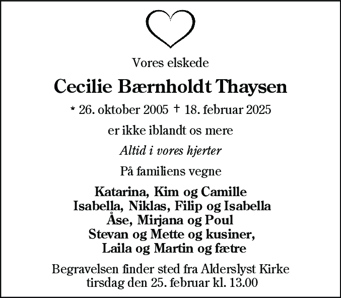 Dødsannonce for Cecilie Bærnholdt Thaysen