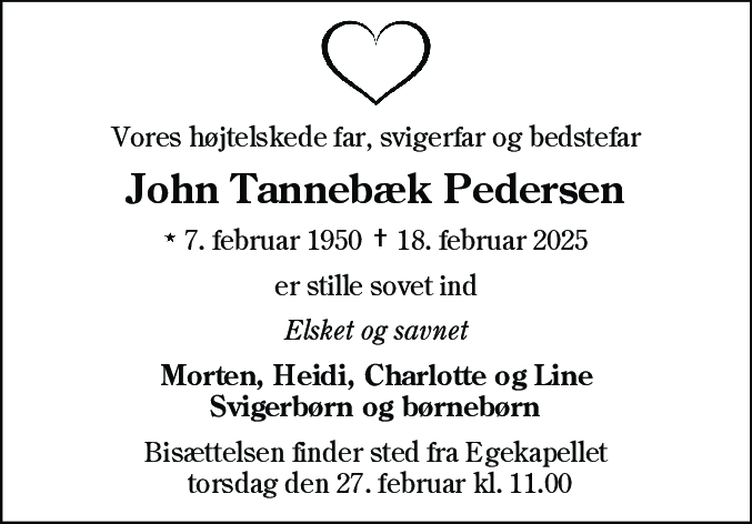 Dødsannonce for John Elvig Tannebæk Pedersen