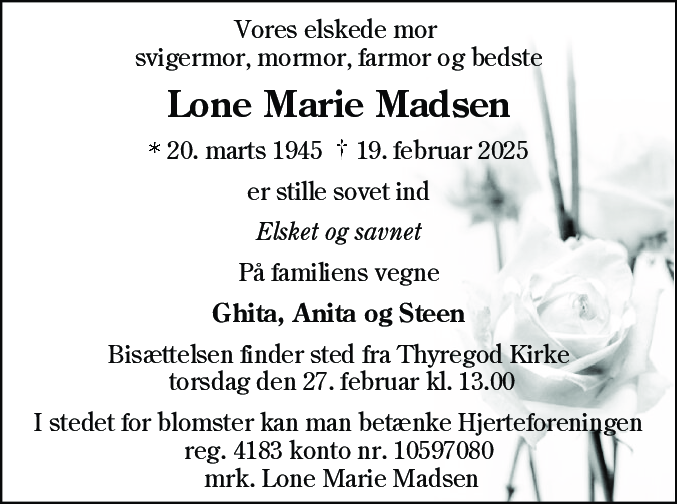 Dødsannonce for Lone Marie Madsen