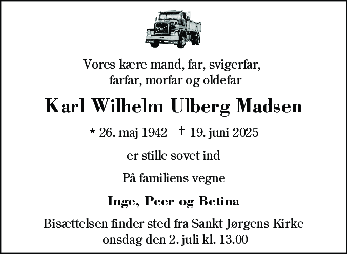 Dødsannonce for Karl Wilhelm Ulberg Madsen