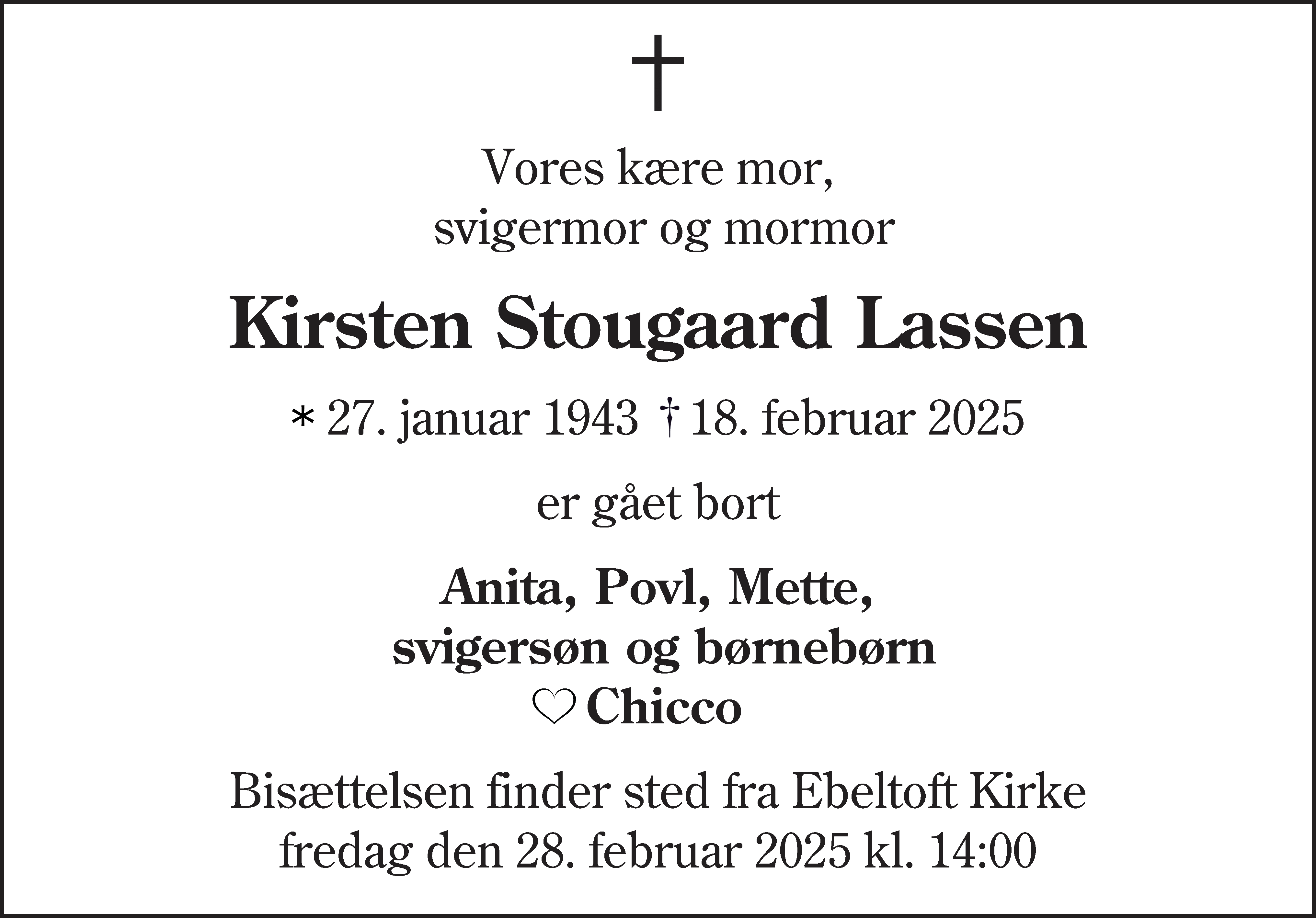 Dødsannonce for Kirsten Stougaard Lassen