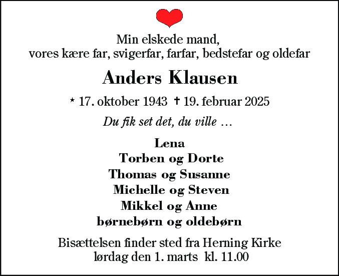 Dødsannonce for Anders Klausen