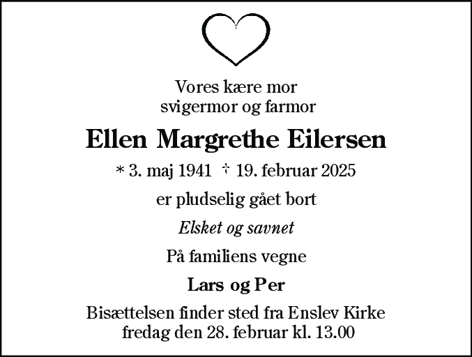 Dødsannonce for Ellen Margrethe Eilersen