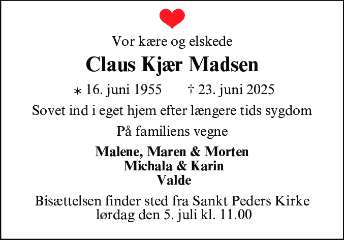 Dødsannonce for Claus Bo Kjær Madsen
